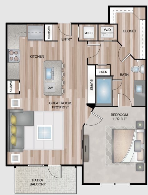 Floor plan for 1 bed, 1 bath, 701 sqft